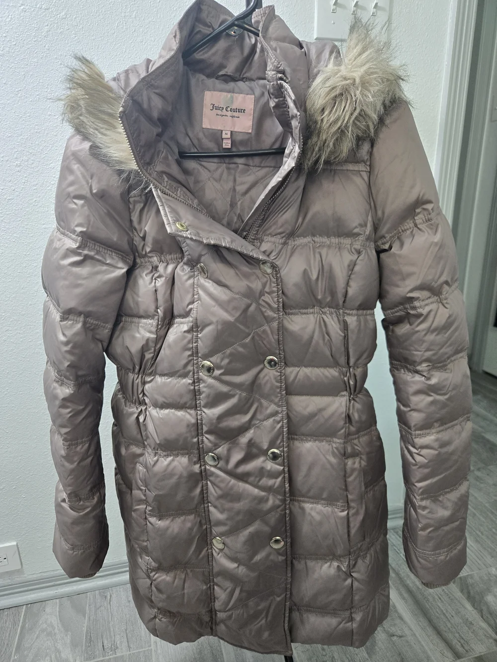 Juicy Couture Women's Taupe Puffer Coat with Faux Fur Trim